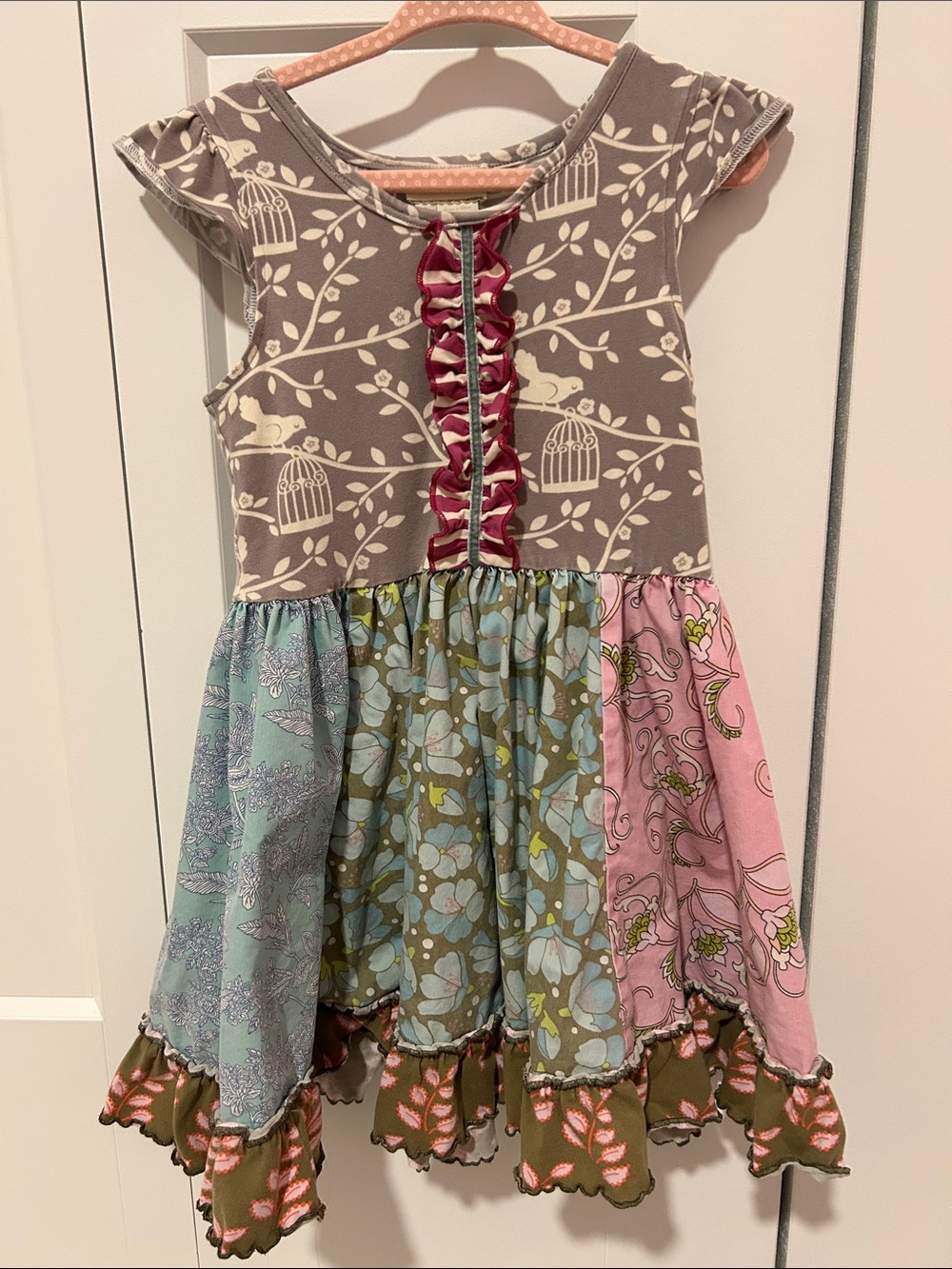 Matilda Jane Patchwork Ruffle Dress in Gray, Pink, Blue, Green